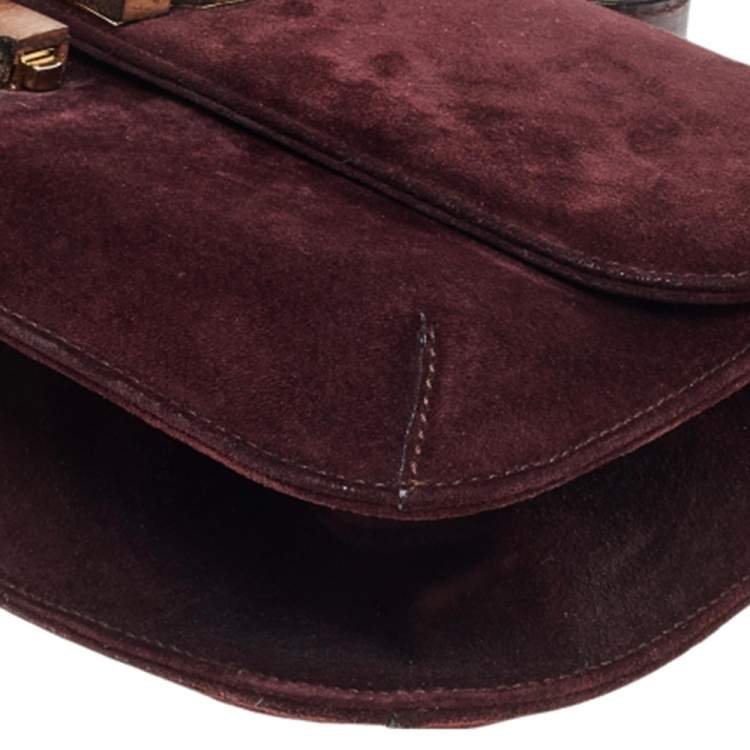 Pre Owned Salvatore Ferragamo Burgundy Suede Wood Logo Flap Shoulder Bag