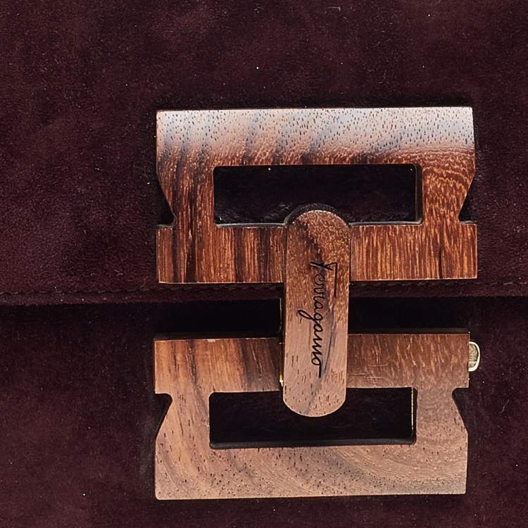 Pre Owned Salvatore Ferragamo Burgundy Suede Wood Logo Flap Shoulder Bag
