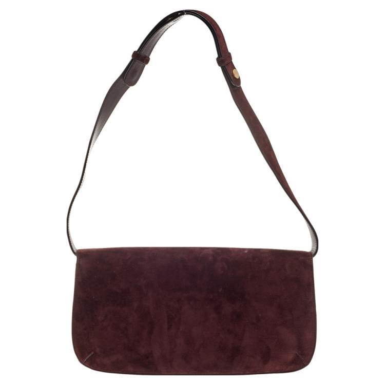 Pre Owned Salvatore Ferragamo Burgundy Suede Wood Logo Flap Shoulder Bag