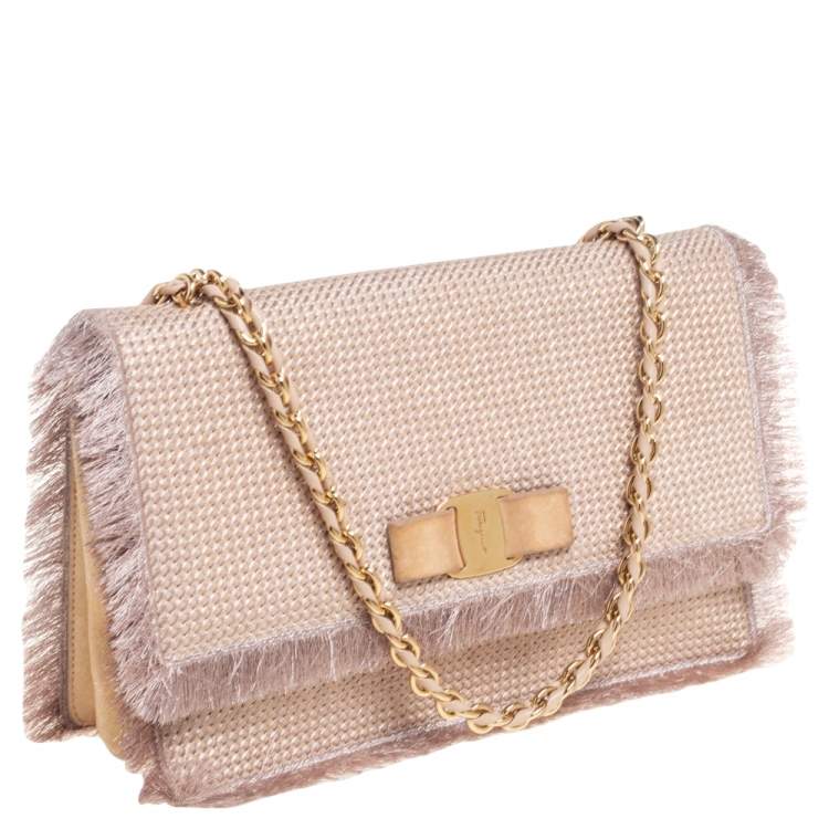 Pre Owned Salvatore Ferragamo Beige Suede and Fabric Ginny Fringed Crossbody Bag