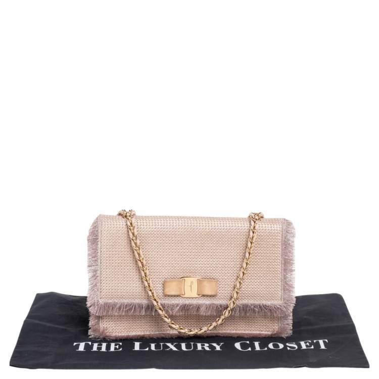 Pre Owned Salvatore Ferragamo Beige Suede and Fabric Ginny Fringed Crossbody Bag