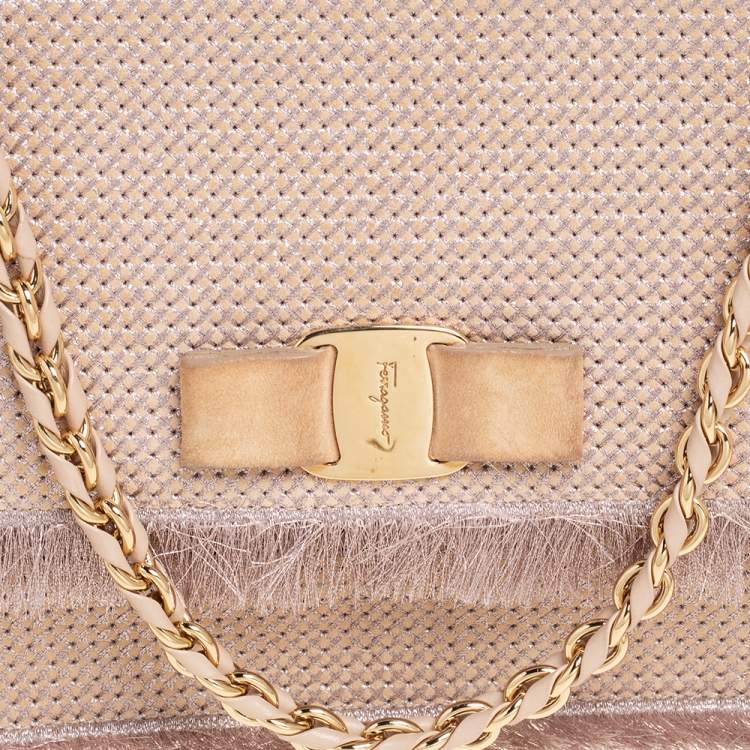 Pre Owned Salvatore Ferragamo Beige Suede and Fabric Ginny Fringed Crossbody Bag