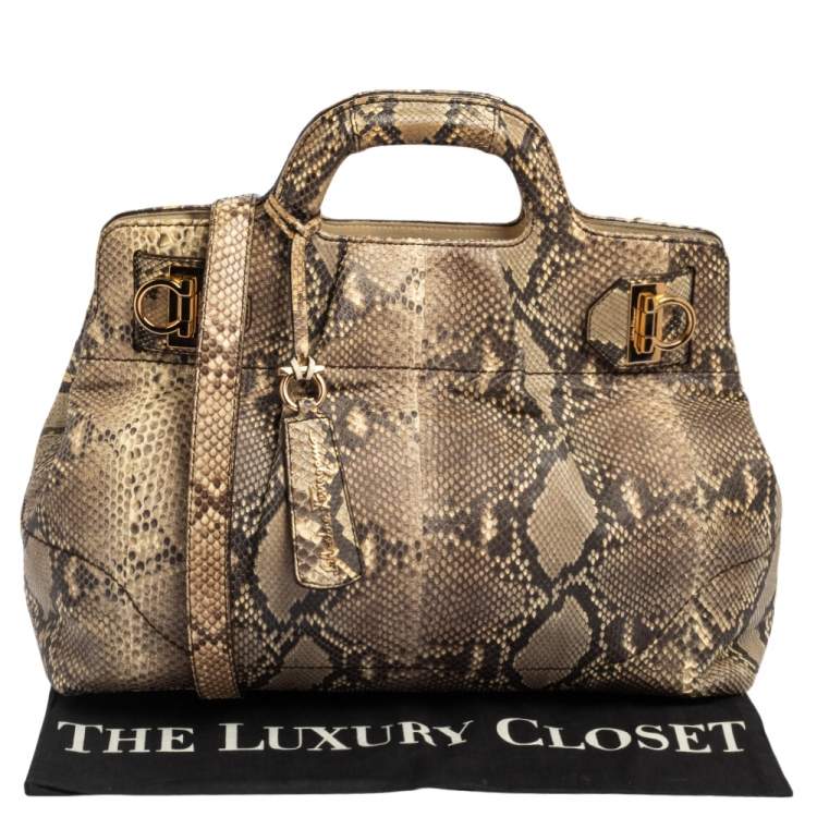 Pre Owned Salvatore Ferragamo Brown/Beige Python Gancini Satchel