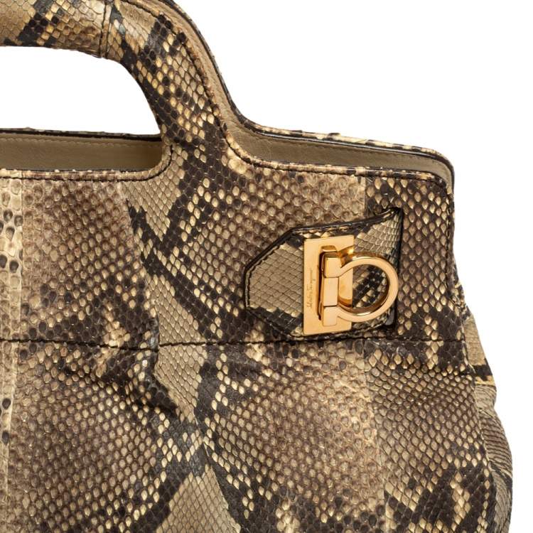 Pre Owned Salvatore Ferragamo Brown/Beige Python Gancini Satchel