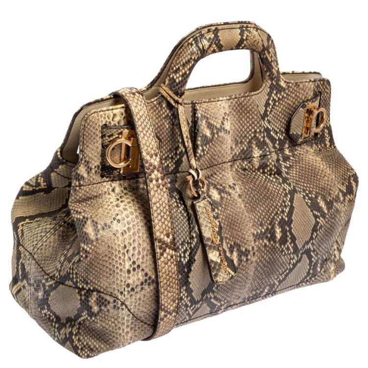 Pre Owned Salvatore Ferragamo Brown/Beige Python Gancini Satchel