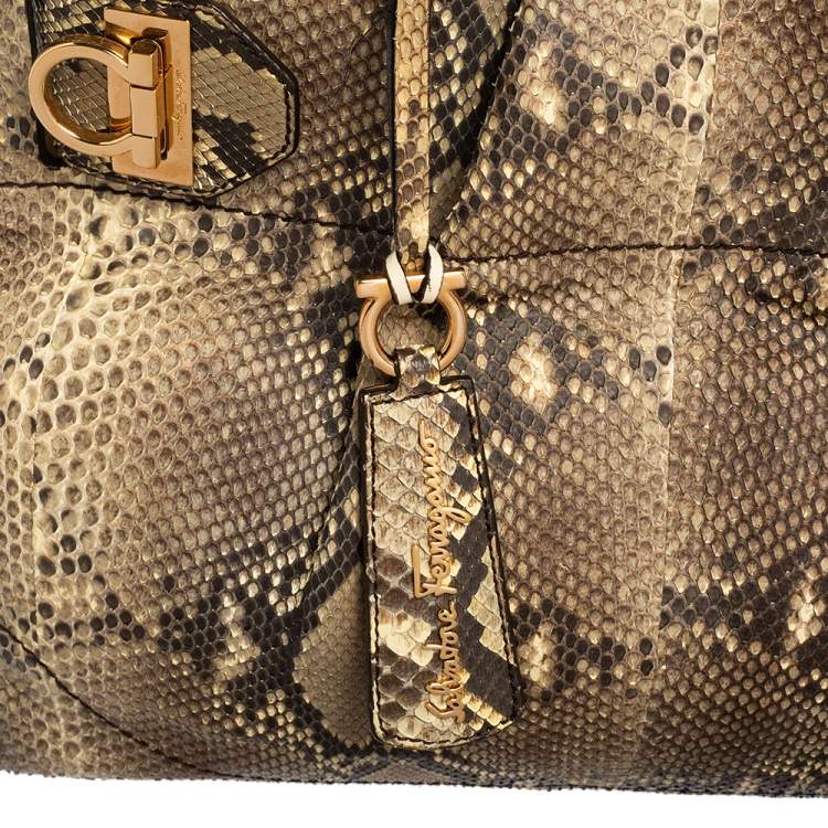 Pre Owned Salvatore Ferragamo Brown/Beige Python Gancini Satchel