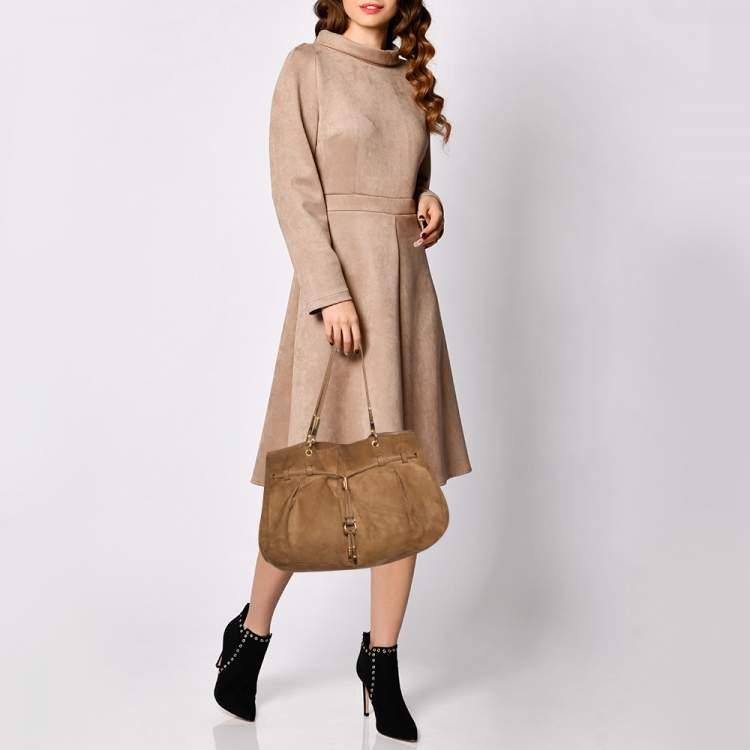 Pre Owned Salvatore Ferragamo Brown Suede Gancio Drawstring Shoulder Bag