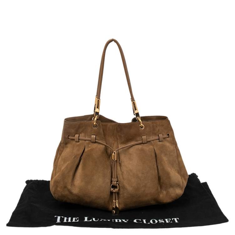 Pre Owned Salvatore Ferragamo Brown Suede Gancio Drawstring Shoulder Bag