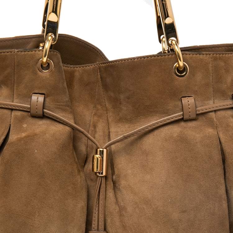 Pre Owned Salvatore Ferragamo Brown Suede Gancio Drawstring Shoulder Bag