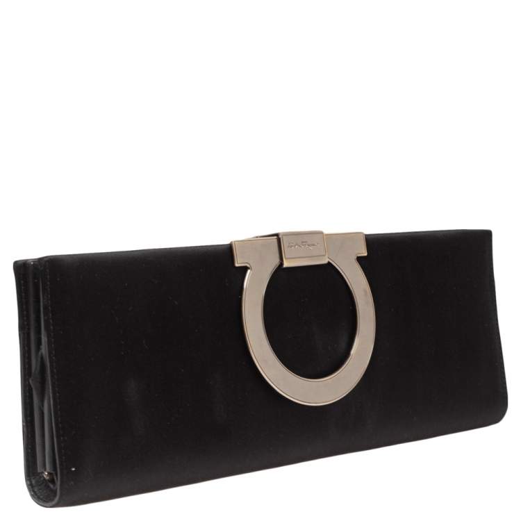 Pre Owned Salvatore Ferragamo Black Satin Musa Gancini Clutch