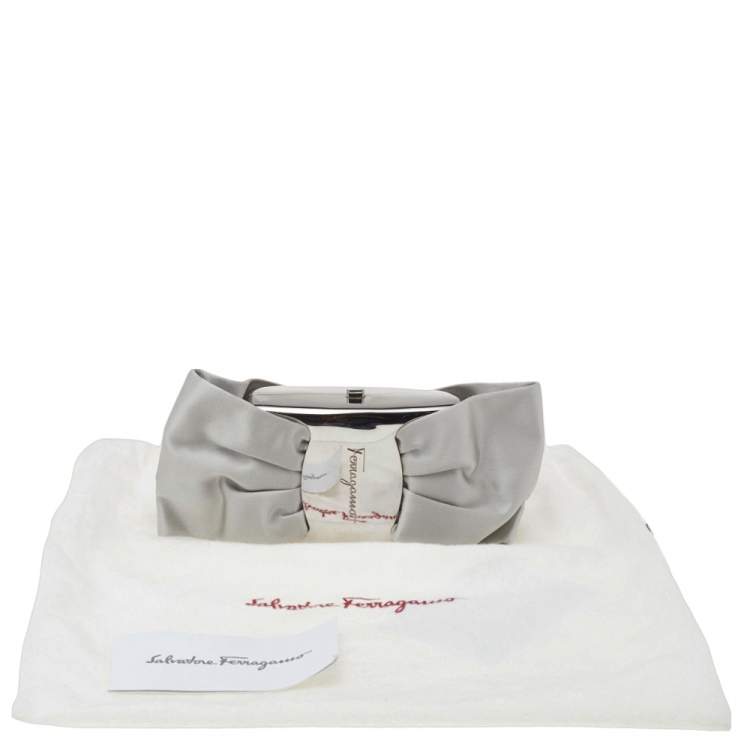 Pre Owned Salvatore Ferragamo Grey Satin And Silver-Tone Metal Bow Clutch