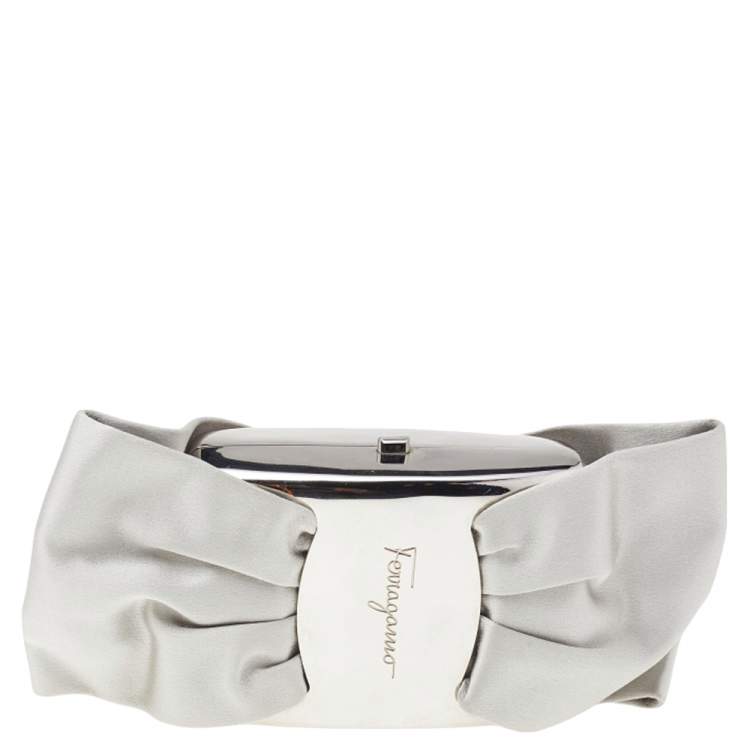Pre Owned Salvatore Ferragamo Grey Satin And Silver-Tone Metal Bow Clutch