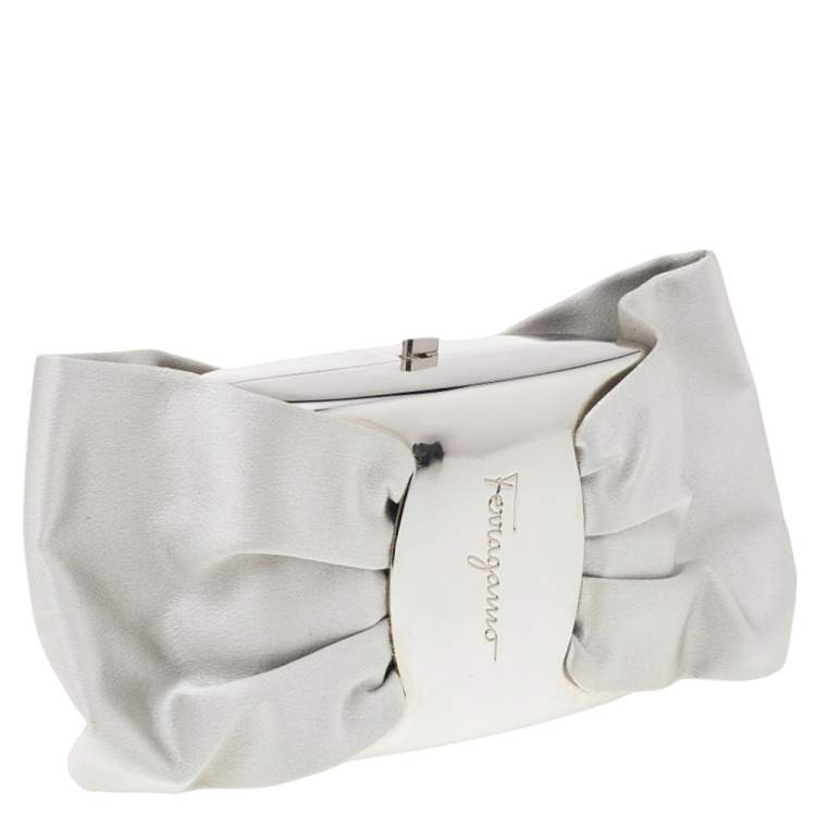 Pre Owned Salvatore Ferragamo Grey Satin And Silver-Tone Metal Bow Clutch