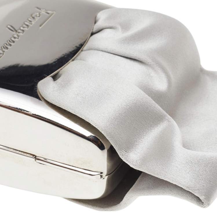 Pre Owned Salvatore Ferragamo Grey Satin And Silver-Tone Metal Bow Clutch