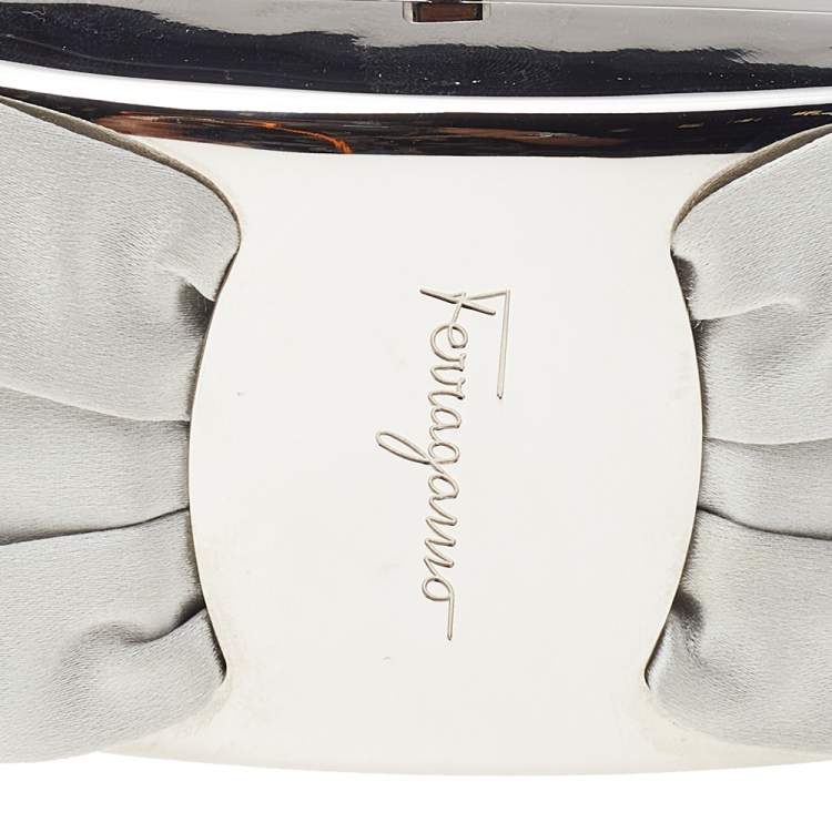 Pre Owned Salvatore Ferragamo Grey Satin And Silver-Tone Metal Bow Clutch