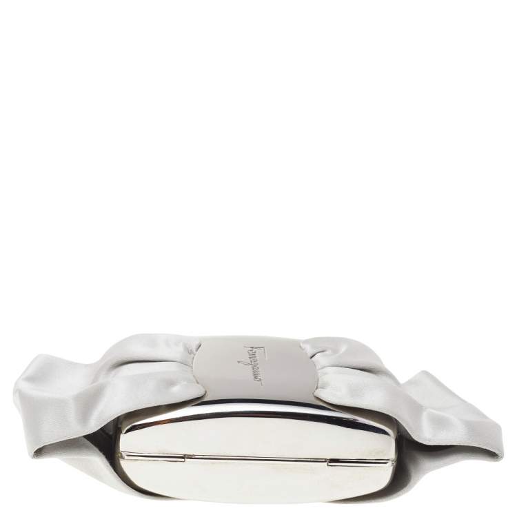 Pre Owned Salvatore Ferragamo Grey Satin And Silver-Tone Metal Bow Clutch