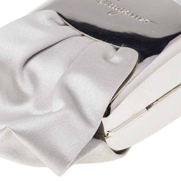 Pre Owned Salvatore Ferragamo Grey Satin And Silver-Tone Metal Bow Clutch