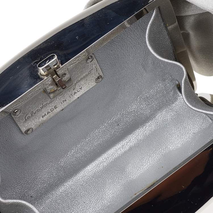 Pre Owned Salvatore Ferragamo Grey Satin And Silver-Tone Metal Bow Clutch