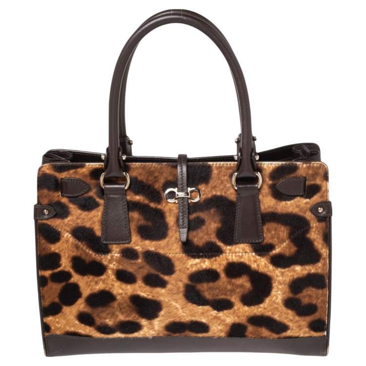 Salvatore Ferragamo Brown Leopard Print Pony Hair and Leather Medium ...