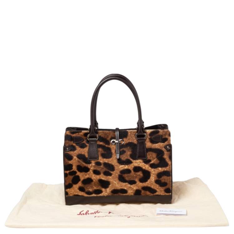 مملوكة مسبقًا Salvatore Ferragamo Brown Leopard Print Pony Hair and Leather Medium Briana Tote