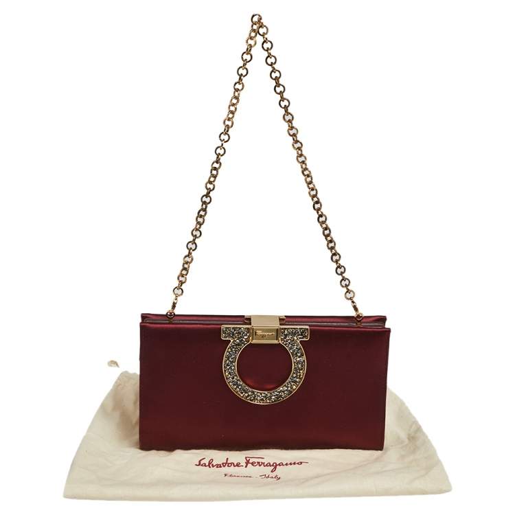 Pre Owned Salvatore Ferragamo Burgundy Satin Musetta Gancini Clutch 