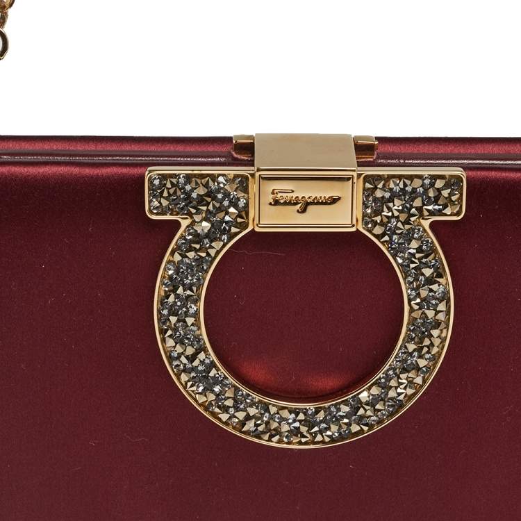 Pre Owned Salvatore Ferragamo Burgundy Satin Musetta Gancini Clutch 
