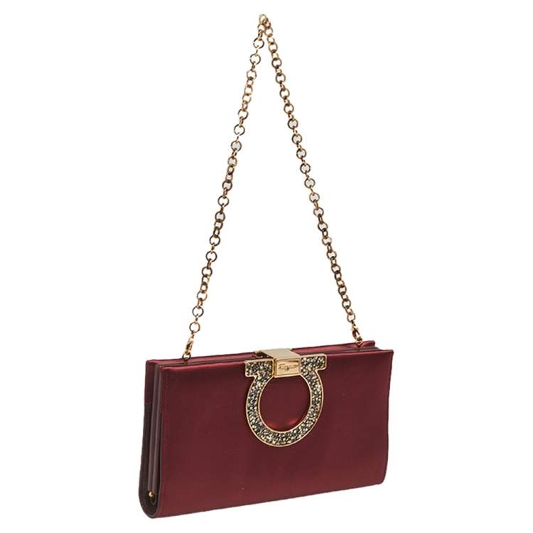 Pre Owned Salvatore Ferragamo Burgundy Satin Musetta Gancini Clutch 