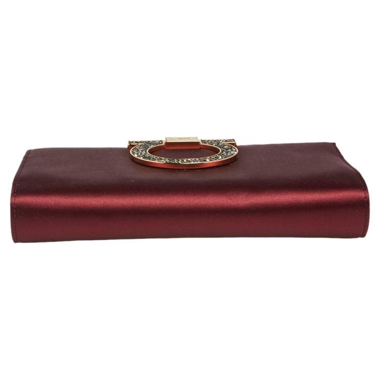 Pre Owned Salvatore Ferragamo Burgundy Satin Musetta Gancini Clutch 