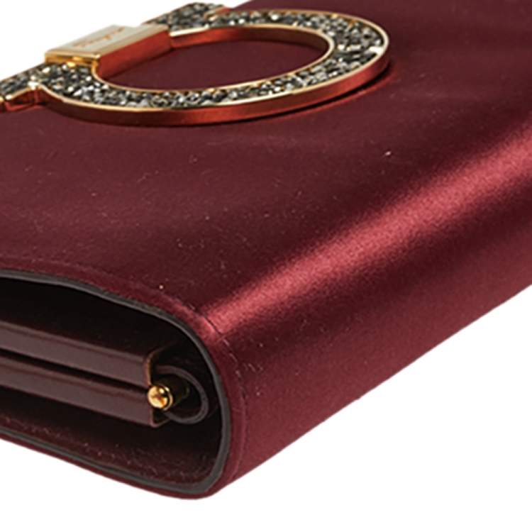 Pre Owned Salvatore Ferragamo Burgundy Satin Musetta Gancini Clutch 