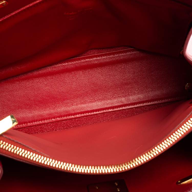 Pre Owned Salvatore Ferragamo Coral Red Leather Gancini Lock Tote