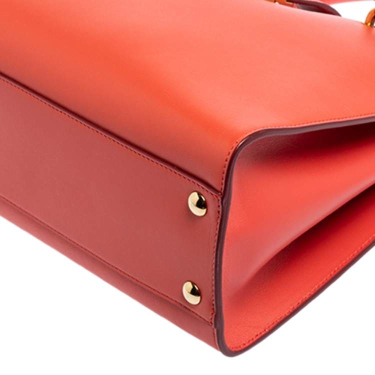 Pre Owned Salvatore Ferragamo Coral Red Leather Gancini Lock Tote