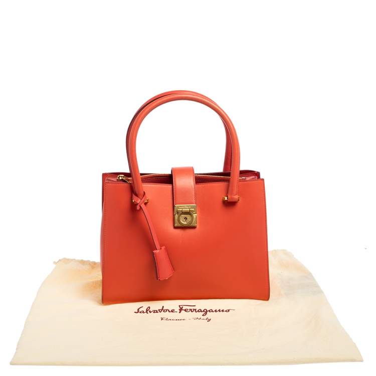 Pre Owned Salvatore Ferragamo Coral Red Leather Gancini Lock Tote