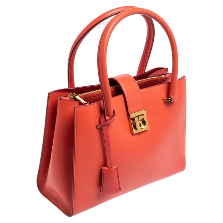 Pre Owned Salvatore Ferragamo Coral Red Leather Gancini Lock Tote