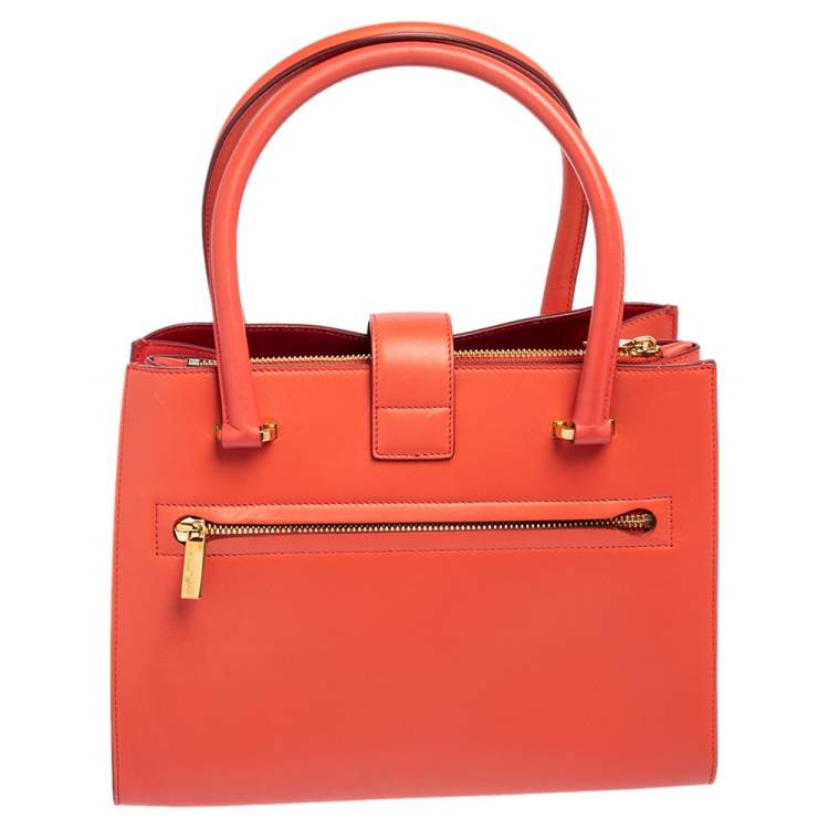 Pre Owned Salvatore Ferragamo Coral Red Leather Gancini Lock Tote