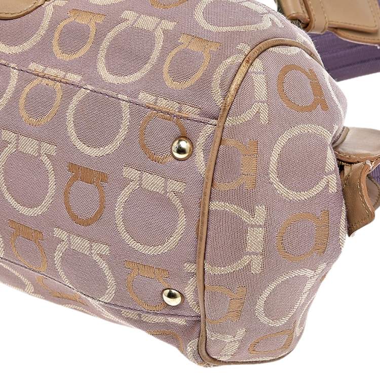Pre Owned Salvatore Ferragamo Beige/Purple Canvas And Leather Satchel