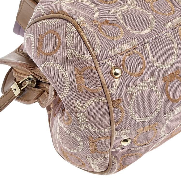 Pre Owned Salvatore Ferragamo Beige/Purple Canvas And Leather Satchel