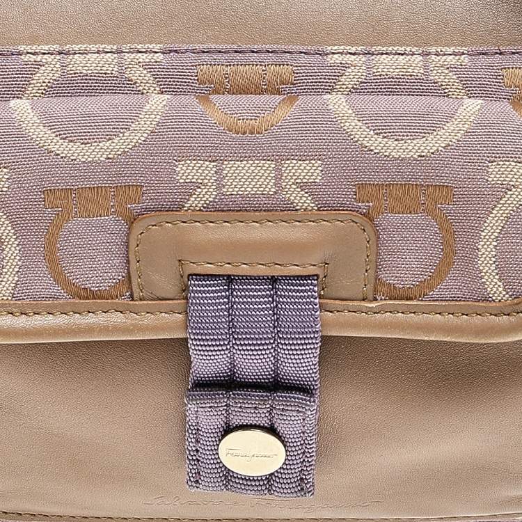 Pre Owned Salvatore Ferragamo Beige/Purple Canvas And Leather Satchel