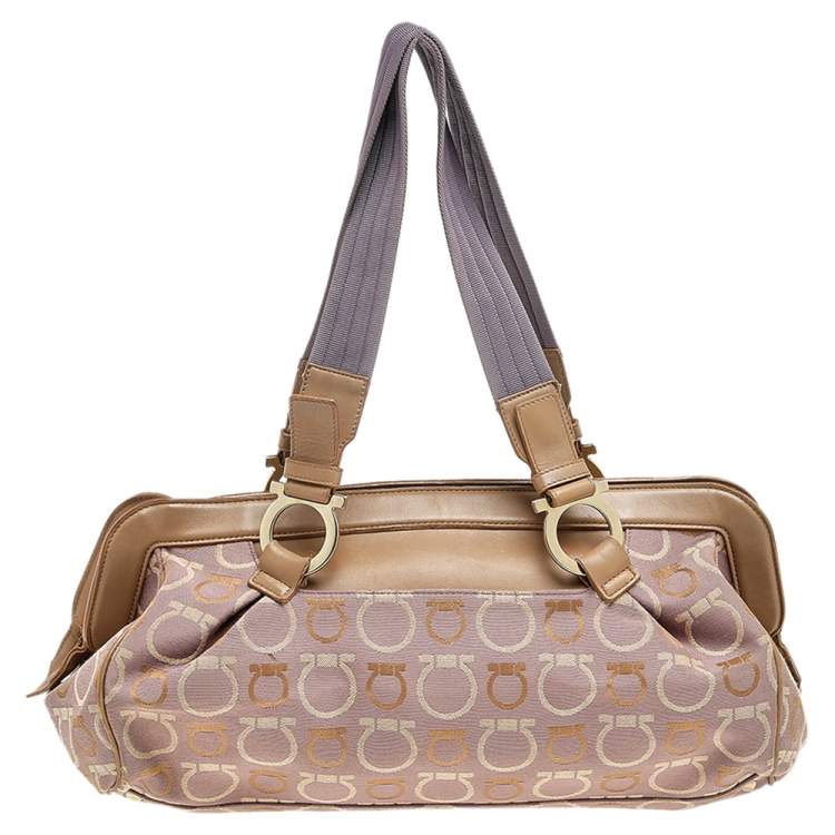 Pre Owned Salvatore Ferragamo Beige/Purple Canvas And Leather Satchel