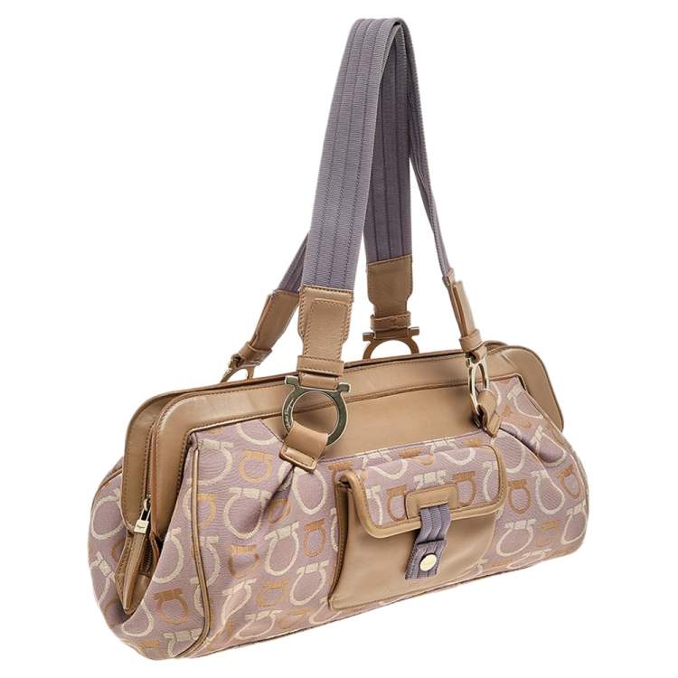 Pre Owned Salvatore Ferragamo Beige/Purple Canvas And Leather Satchel