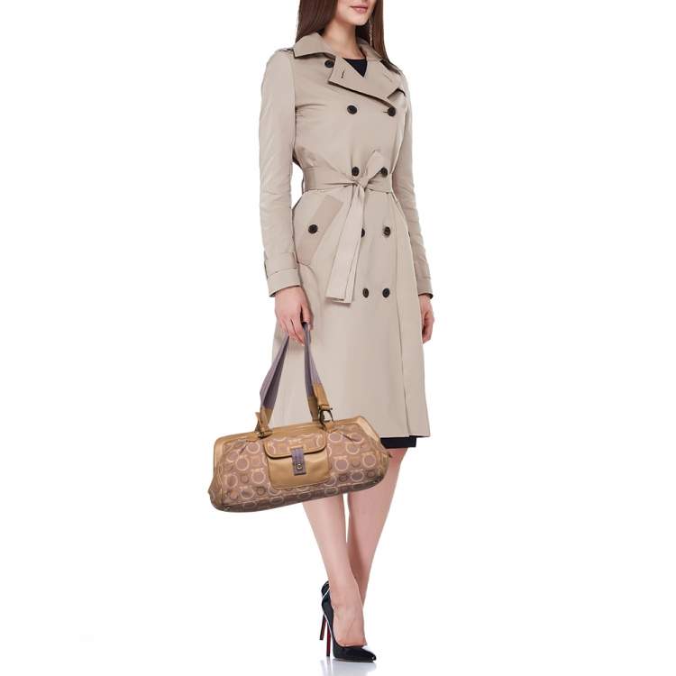 Pre Owned Salvatore Ferragamo Beige/Purple Canvas And Leather Satchel