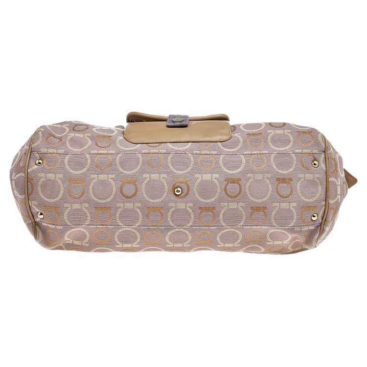 Pre Owned Salvatore Ferragamo Beige/Purple Canvas And Leather Satchel