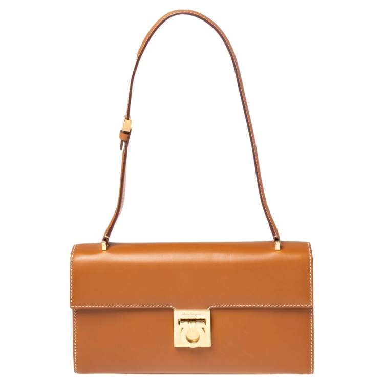 Pre Owned Salvatore Ferragamo Tan Leather Gancini Flap Shoulder Bag