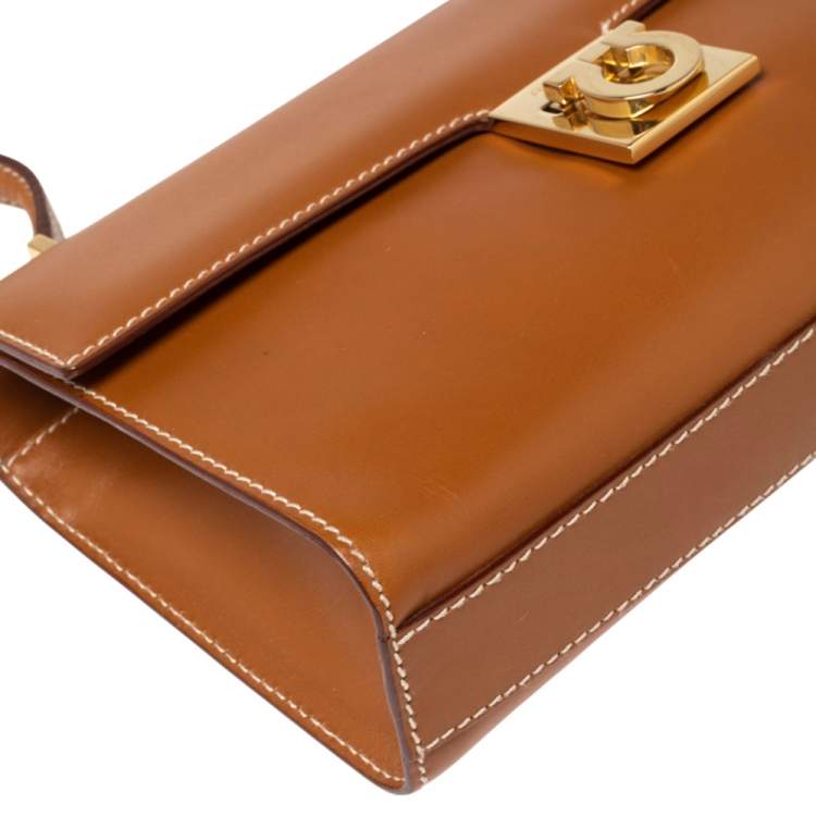 Pre Owned Salvatore Ferragamo Tan Leather Gancini Flap Shoulder Bag