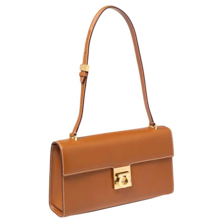 Pre Owned Salvatore Ferragamo Tan Leather Gancini Flap Shoulder Bag