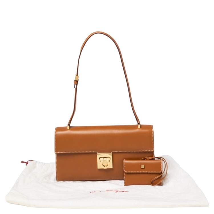 Pre Owned Salvatore Ferragamo Tan Leather Gancini Flap Shoulder Bag