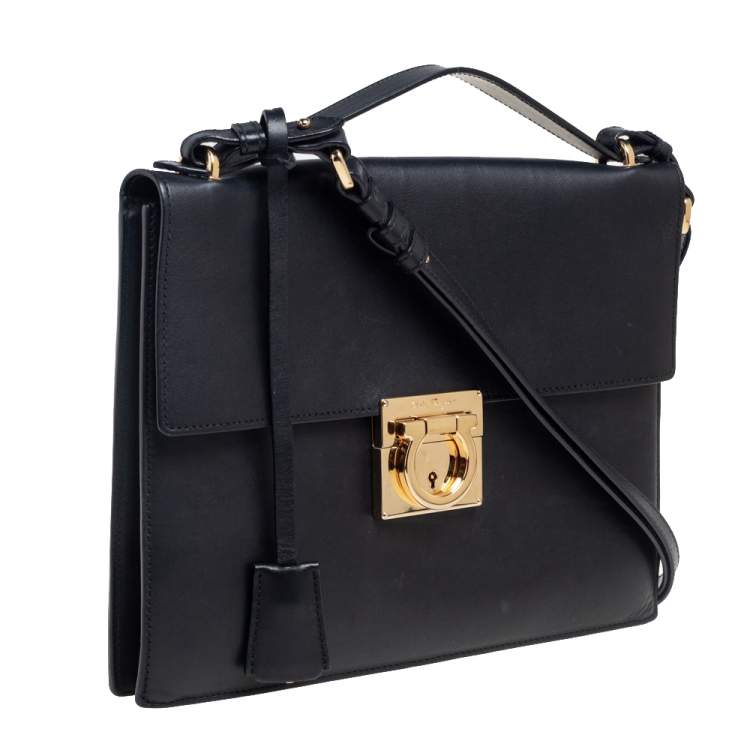 Pre Owned Salvatore Ferragamo Black Leather Gancio Lock Top Handle Bag