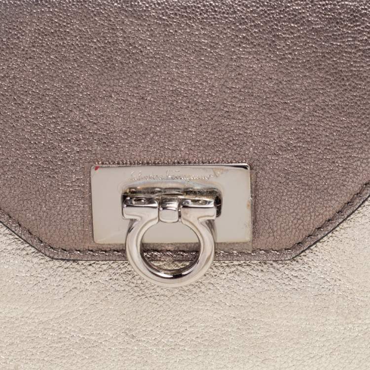 Pre Owned Salvatore Ferragamo Metallic Tricolor Leather Gancio Compact Wallet