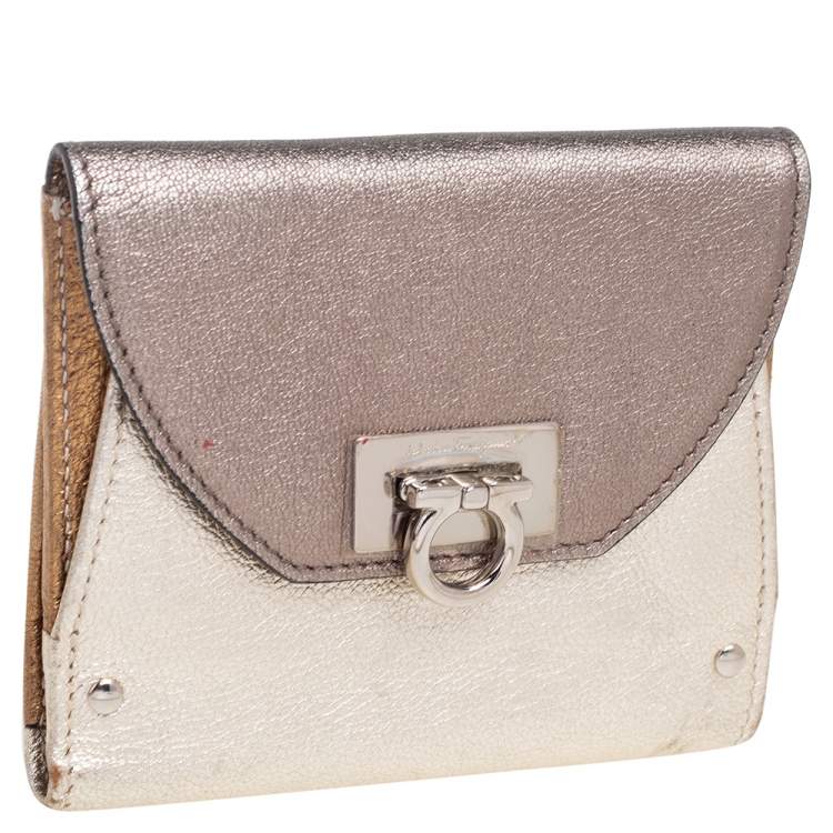 Pre Owned Salvatore Ferragamo Metallic Tricolor Leather Gancio Compact Wallet
