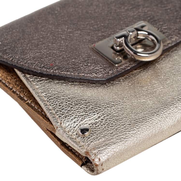 Pre Owned Salvatore Ferragamo Metallic Tricolor Leather Gancio Compact Wallet