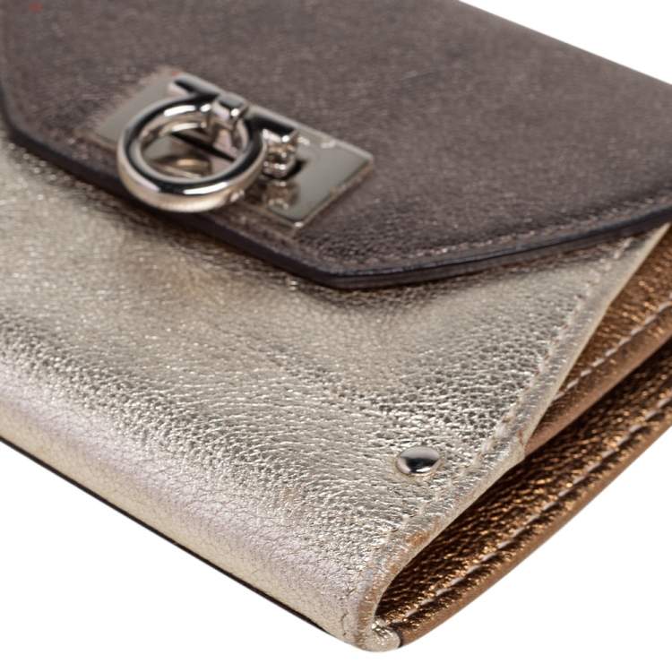 Pre Owned Salvatore Ferragamo Metallic Tricolor Leather Gancio Compact Wallet